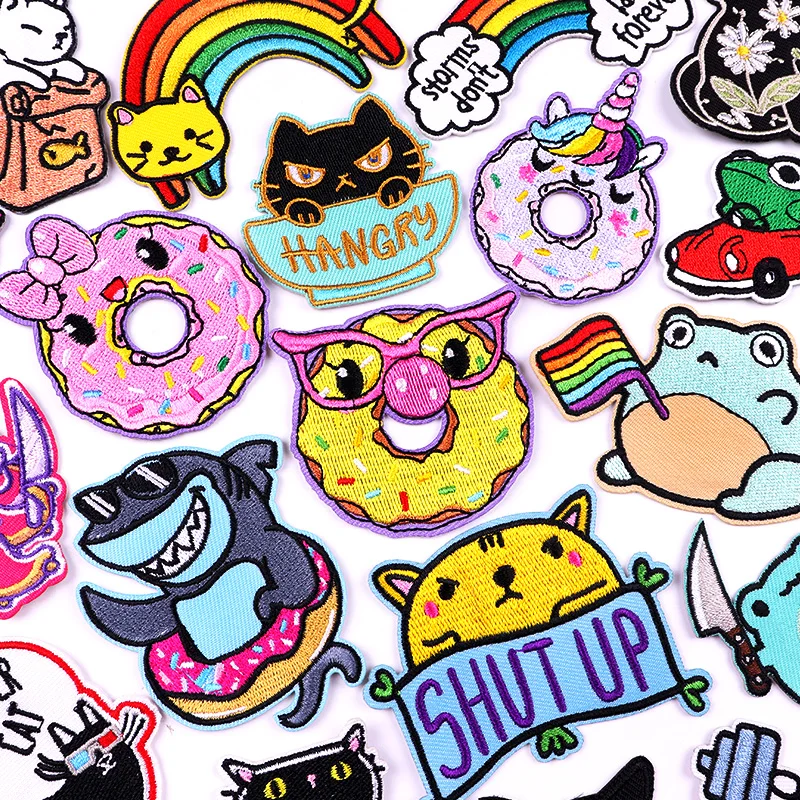

Prajna Cartoon Donut Embroidered Patches On Clothes Stripe Animal Cat Patches For Clothing Stickers Cartoon Sewing Patch Badges