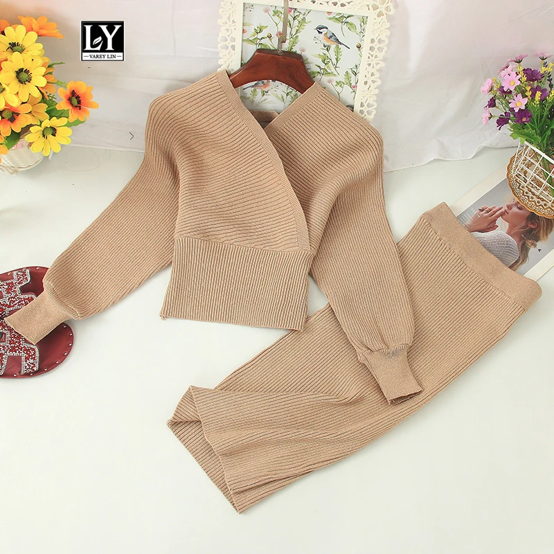 

Ly Varey Lin Women Sexy V-neck Knitted Skirt Suits Autumn Winter Batwing Sleeve 2 Pieces Elegant Office Lady Knitting Suit Set