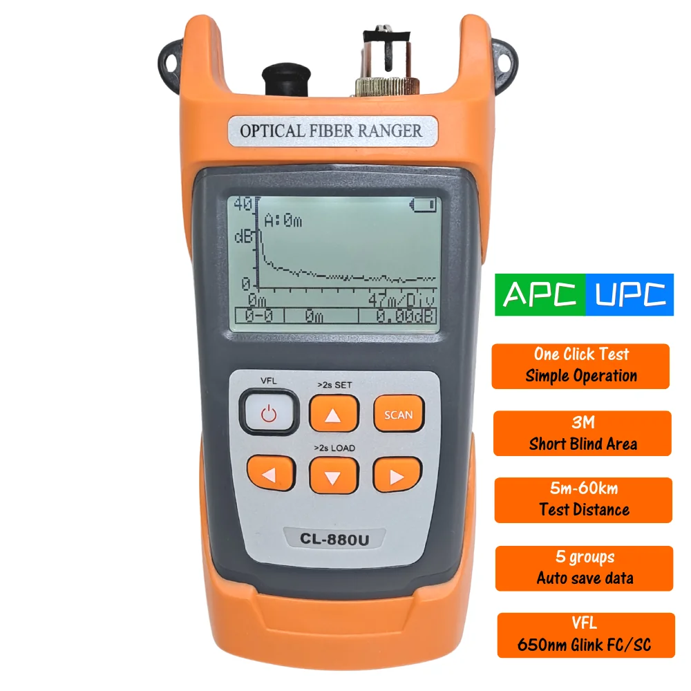 

Mini 60KM Optical OTDR Optical Time Domain Reflectometer Built In VFL with FC SC LCD OPTICAL FIBER RANGER CL-880