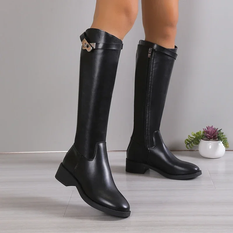 

Brand Women Shoes 2023 Autumn Winter New Simple and Versatile Women's Knee-High Boots Comfortable Square Heel Black High Boots