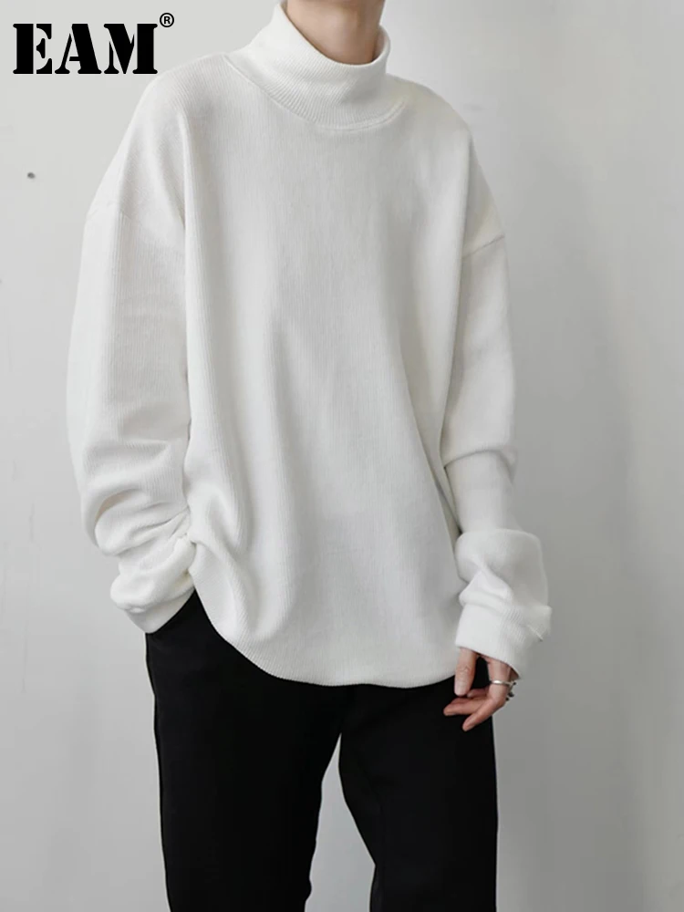 

[EAM] Women White Black Brief Big Size Casual T-shirt New Turtleneck Long Sleeve Fashion Tide Spring Autumn 2023 1DF2449