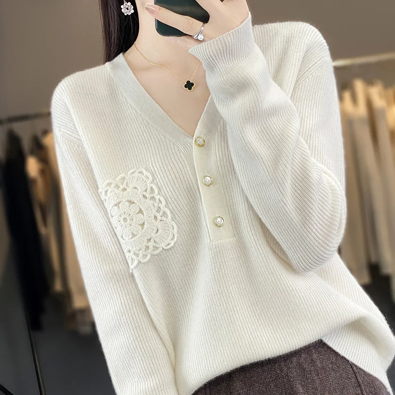Женский кашемировый свитер V-образный вырез вязание крючком на пуговицах