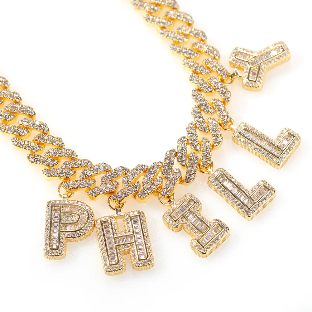 

Customized Name Necklace Zirconia Baguette Letters with 12MM Cuban Chain Hip Hop Pendant For Men Women Hip Hop Jewelry