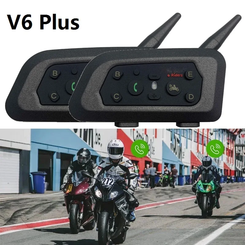 2pcs  V6 Plus Motorcycle Helmet Bluetooth Intercom Headset with 1500M BT  Type C Interphone Communicator for 6 Riders