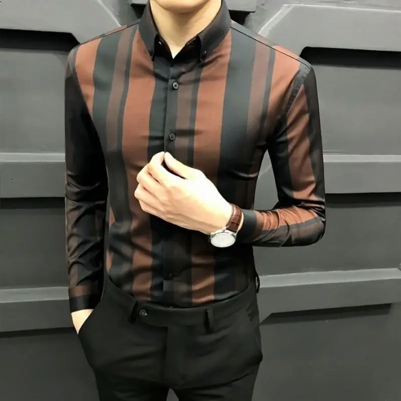 

Men shirt long sleeve spring and autumn striped business shirts Korean fashion casual slim handsome jacket men's clothing