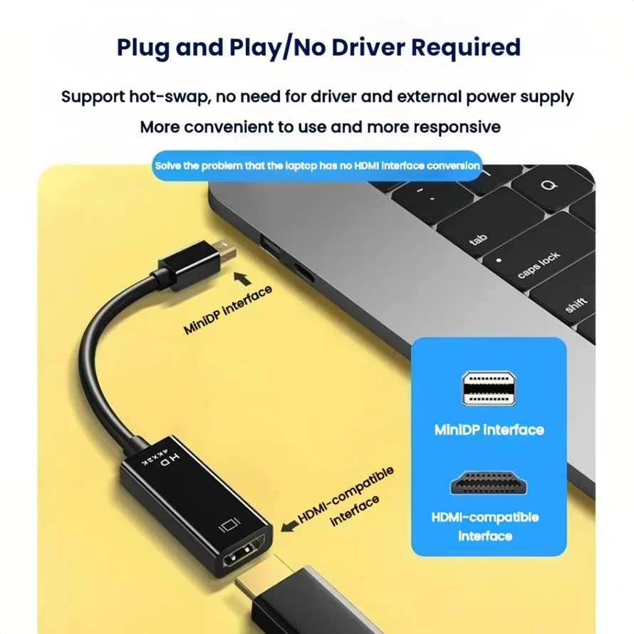 Фото Адаптер, совместимый с Mini DP на HDMI, преобразователь Thunderbolt на 4K HDMI, для MacBook Surface, ноутбука, ТВ, монитора, проектора №2