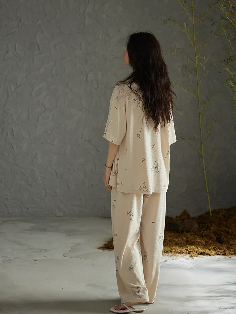 Пижама Qiaoweini женская летняя Трикотажная хлопковая Новая китайская бамбуковая с