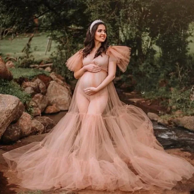 

Champagne See Through Sheer Tulle Maternity Robe Short Sleeves A-line Women Dresses Photoshoot Mesh Dress Pregnancy Tulle Dress