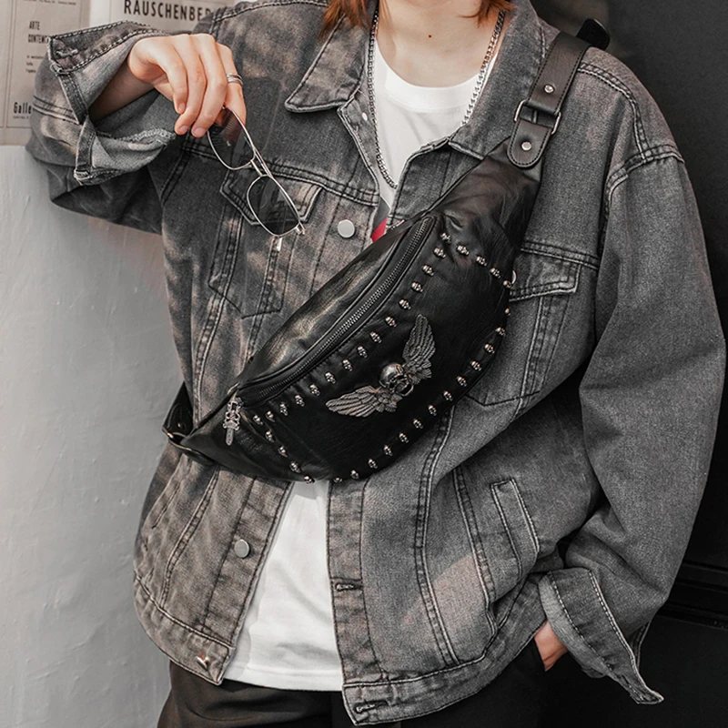 Soft Leather Sling Phone Bags Rivets Decorated Small Chest Side Purse Trendy Black One Shoulder Backpack Bag Crossbody for Men