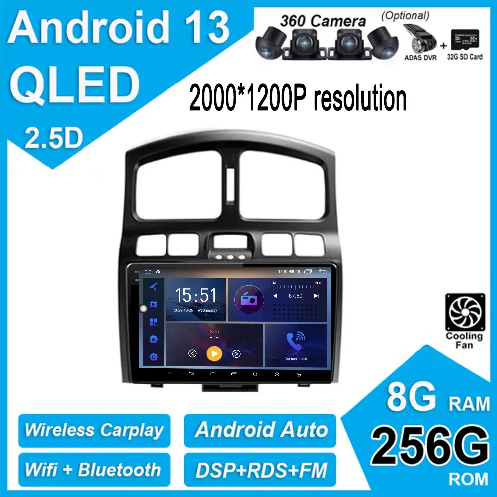 

For Hyundai Santa Fe SM 2000 2012 For JAC S1 Rein 1 2007-2013 Android 13 Car WIFI DSP Radio Multimedia Navigation Stereo Screen
