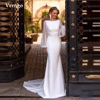 verngo simple stretch satin mermaid wedding dresses scoop neck puff long sleeves backless sexy bridal gowns women formal dress