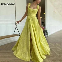 yellow a line prom dresses floor length sweetheart high side split long satin evening party gowns saudi arabia celebrate dresses