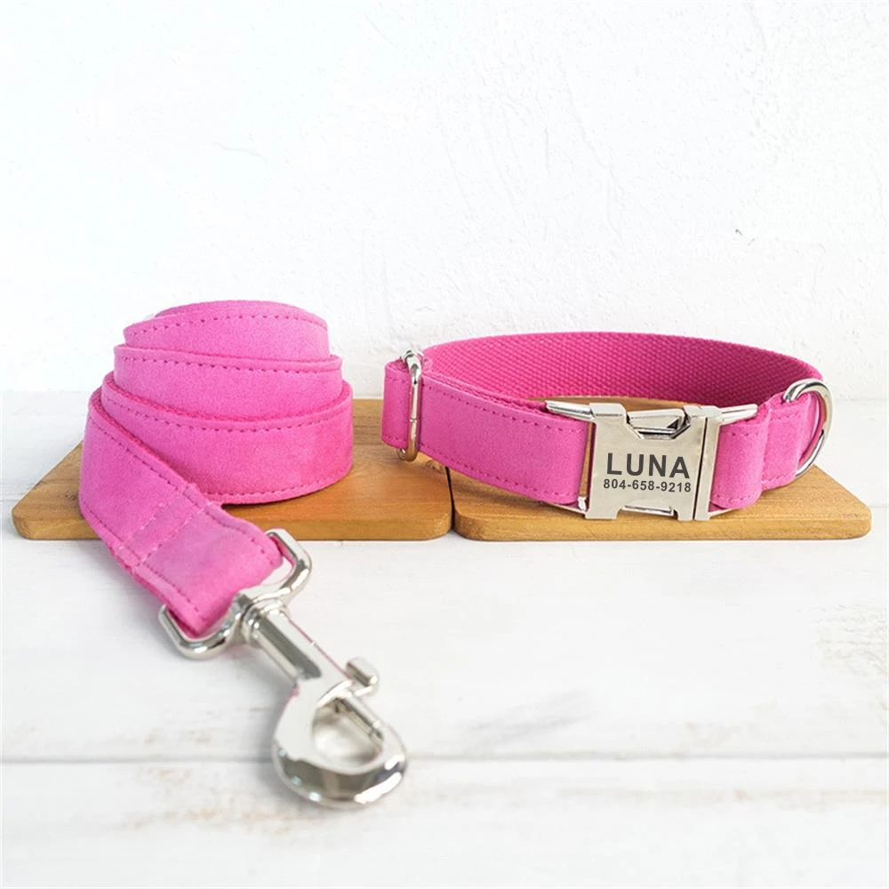 Personalized Dog Collar Customized Pet Collars Free Engraving ID Name Tag Pet Accessory Pink Velvet Puppy Collar Leash Set
