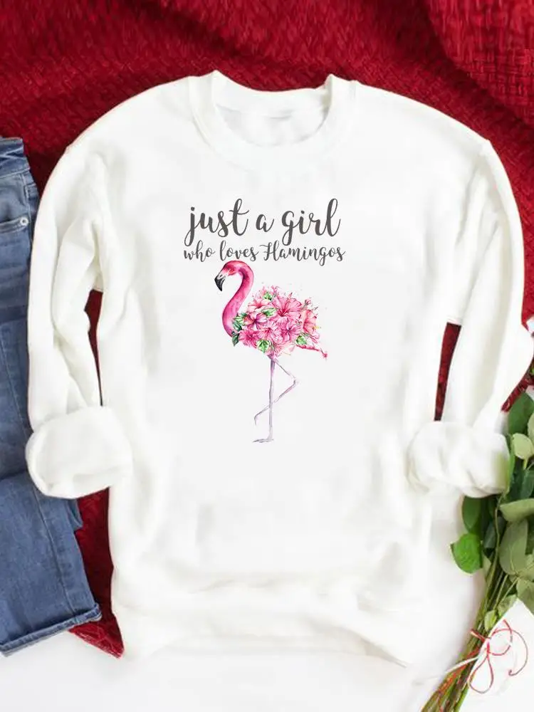 

Flower Letter Trend Flamingo Graphic Sweatshirts Autumn Spring O-neck Fashion Casual Women Clothing Fashion Print Pullovers