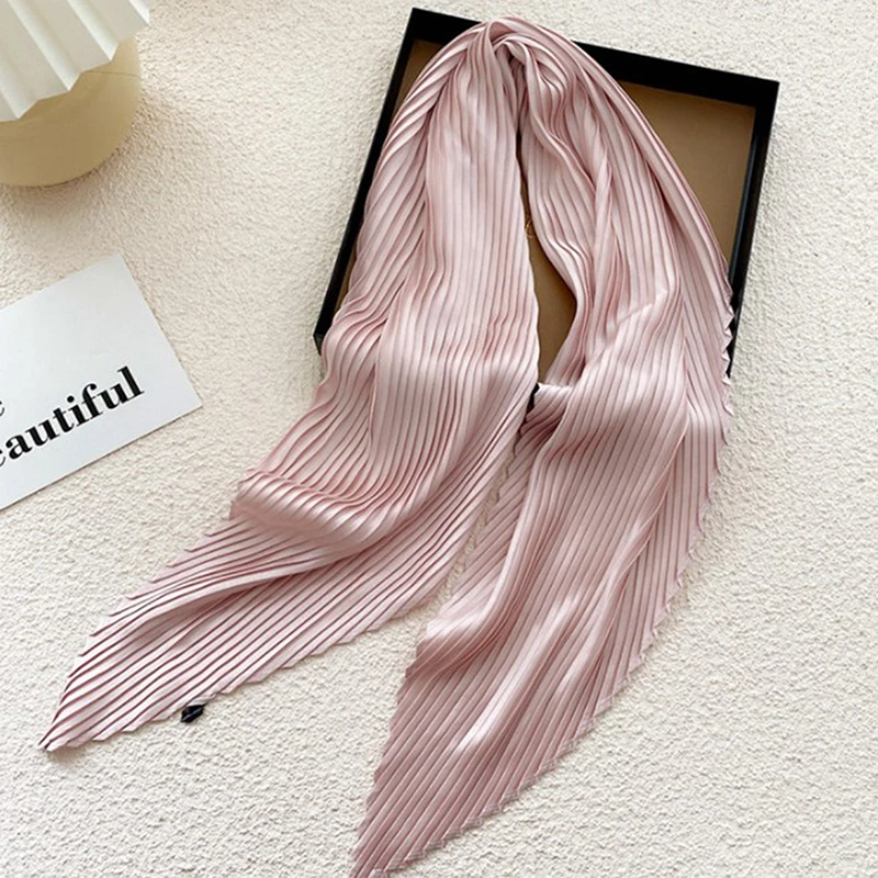 Плиссированный однотонный атласный шарф Женская Косынка лента квадратная