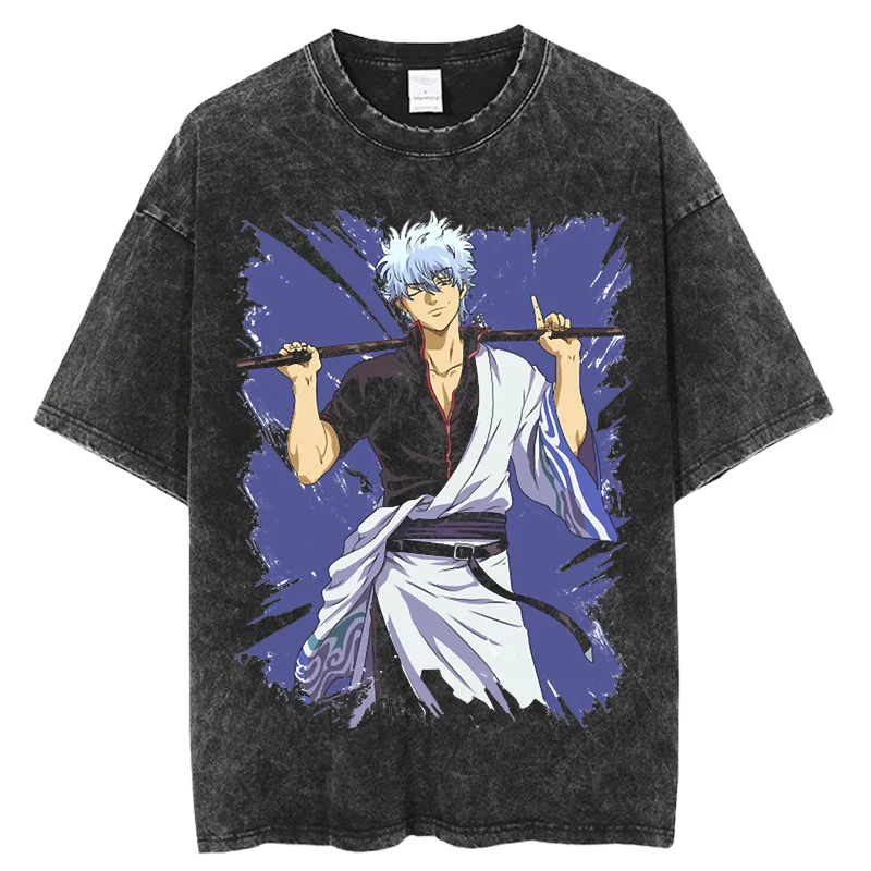 

Anime Gintama Graphic Printing Vintage Washed T-shirt Men O-Neck Short Sleeve Summer Casual Oversized Tshirt Cotton Unisex Tops