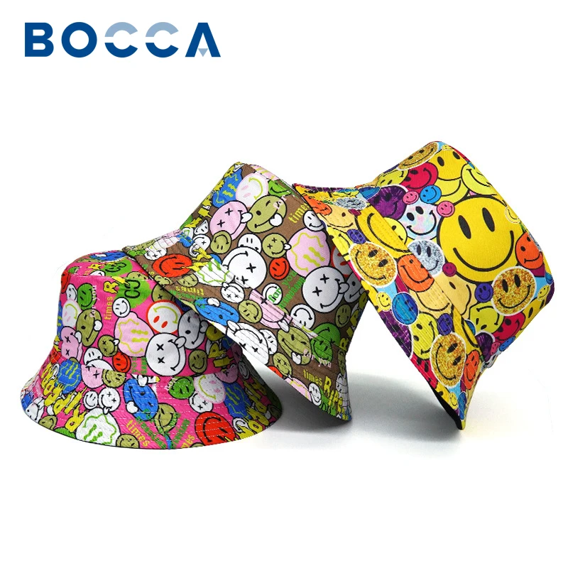 

Bocca Smile Face Bucket Hat For Men Women Double Sides Reversible Panama Fisherman Hats Foldable Hip Hop Bob Cap Summer Outdoor