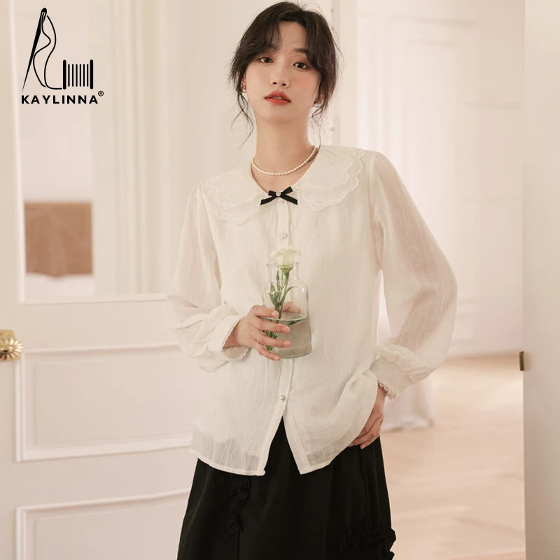 KAYLINNA Blouses Women Solid Office Lady Casual Shirts Bow Lace Long Sleeve Woman Blouses Chiffon Shirt Tops Women's Clothing