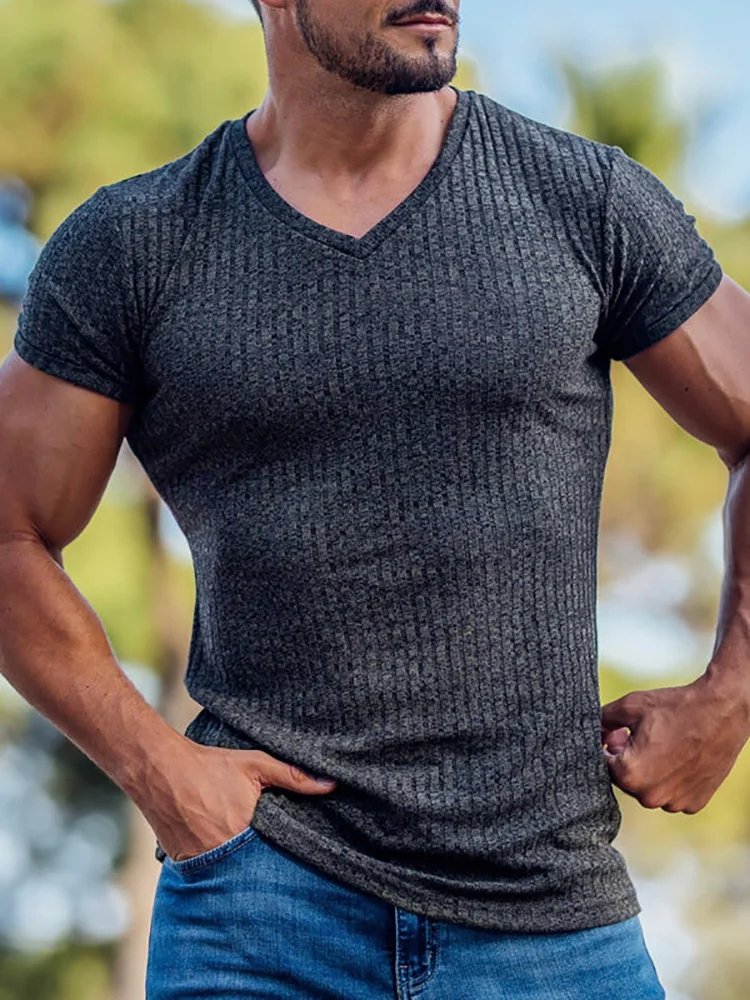 

New Fashion Solid Ribbed T-shirts Men New Summer Short Sleeve Casual Tees Slim V-Neck Pullover Top For Mens All Match Streetwear