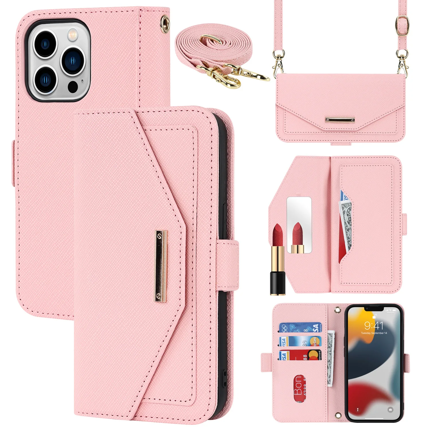 

Crossbody Wallet Lanyard Phone Case For iPhone 13 12 Mini 14 11 Pro Max Card Slot Holder Stand & Make-up Mirror Leather Cover
