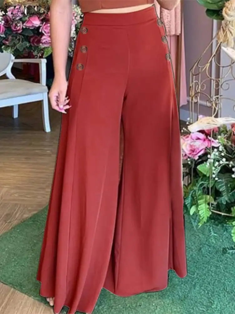 

Women 2022 Female High Waist Pantalon Palazzo ZANZEA OL Wide Leg Pant Capris Casual Suit Pants Solid Trouser Oversized Mujer 1