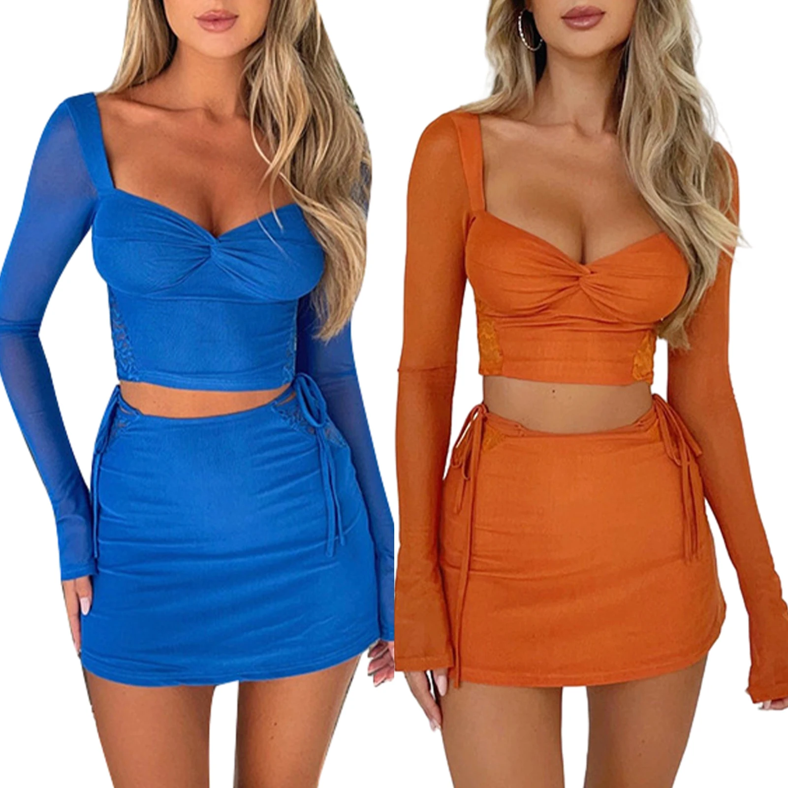 

Women Sexy Top and Cut Out Mini Skirt Pullover Strappy Bodycon Top Skirt Outfit Solid Color Evening Party Club Wear