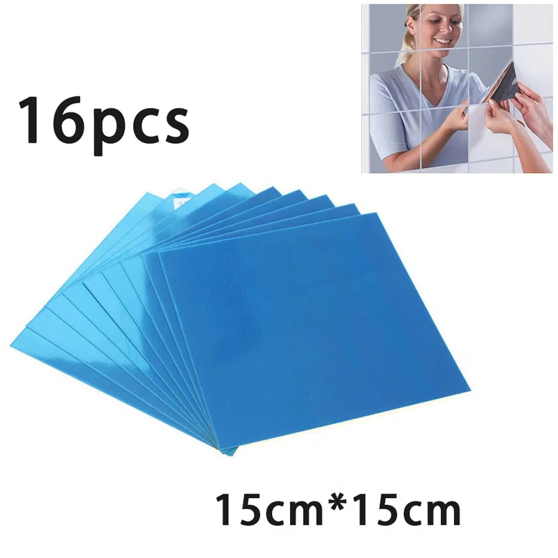 

Accessories Decoration Stylish Mirror Stickers Display Glass Home Kitchen Room Silver Square 16pcs Acrylic Tile Art