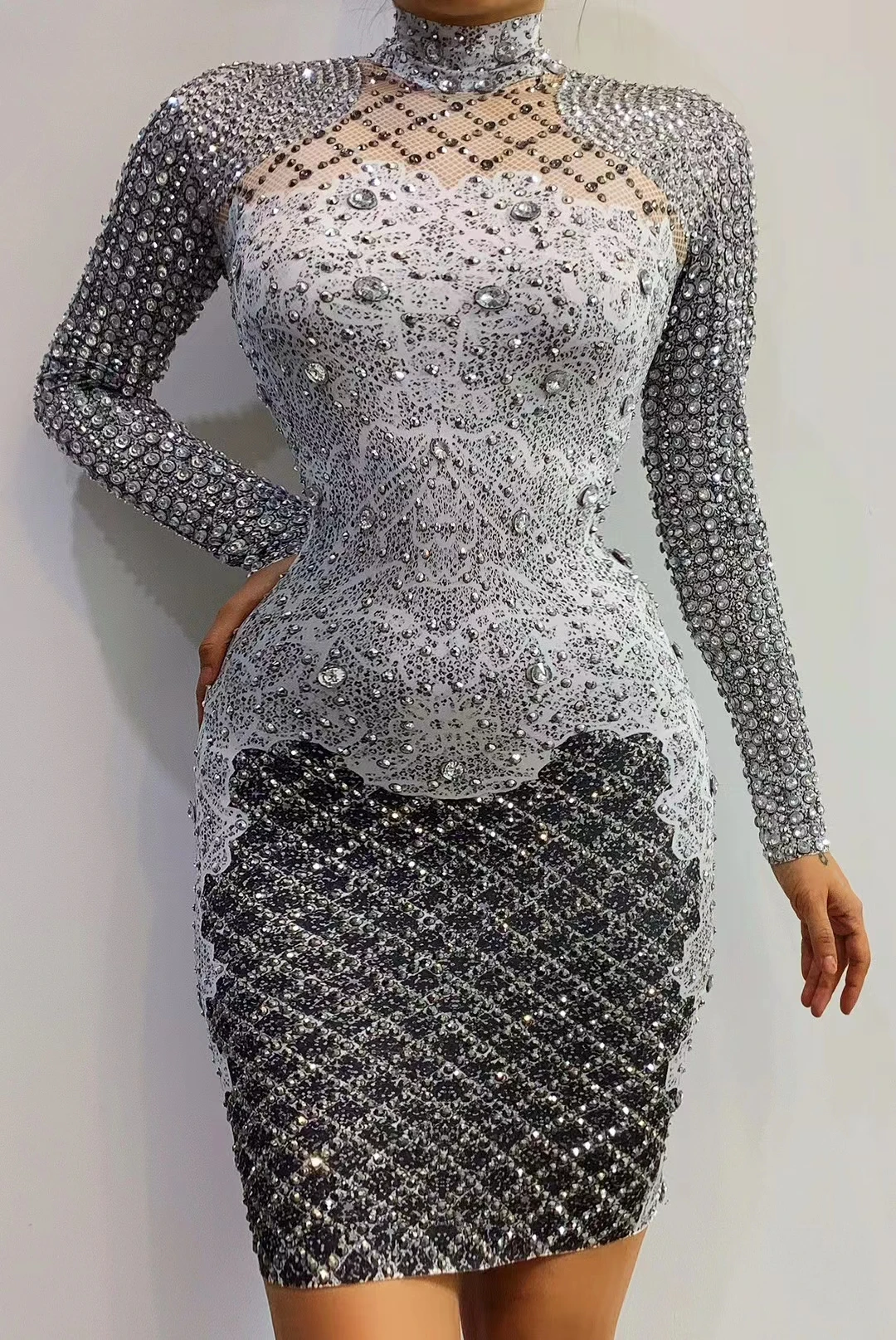 Блестящий искусственный жемчуг с длинным рукавом, черно-серый цвет, сексуальная женская одежда для празднования дня рождения, вечеринки