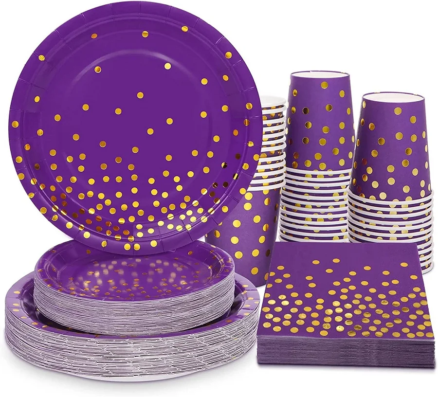 Фиолетовые и золотые бриллианты, фиолетовые тарелки для дня рождения, одноразовые бриллианты для свадебной вечеринки, девичника
