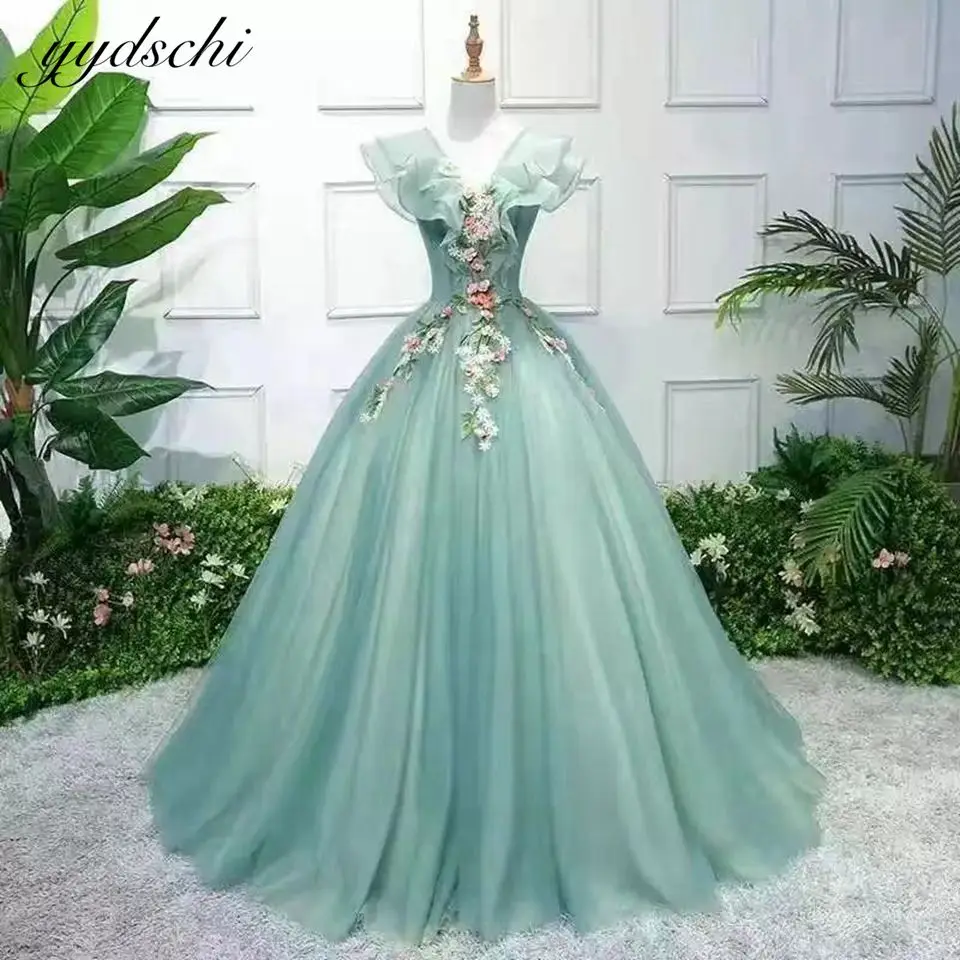 

Элегантное зеленое платье Quinceanera 2022 с V-образным вырезом 15, платье для дня рождения, Тюлевое бальное платье с аппликацией для выпускного вече...