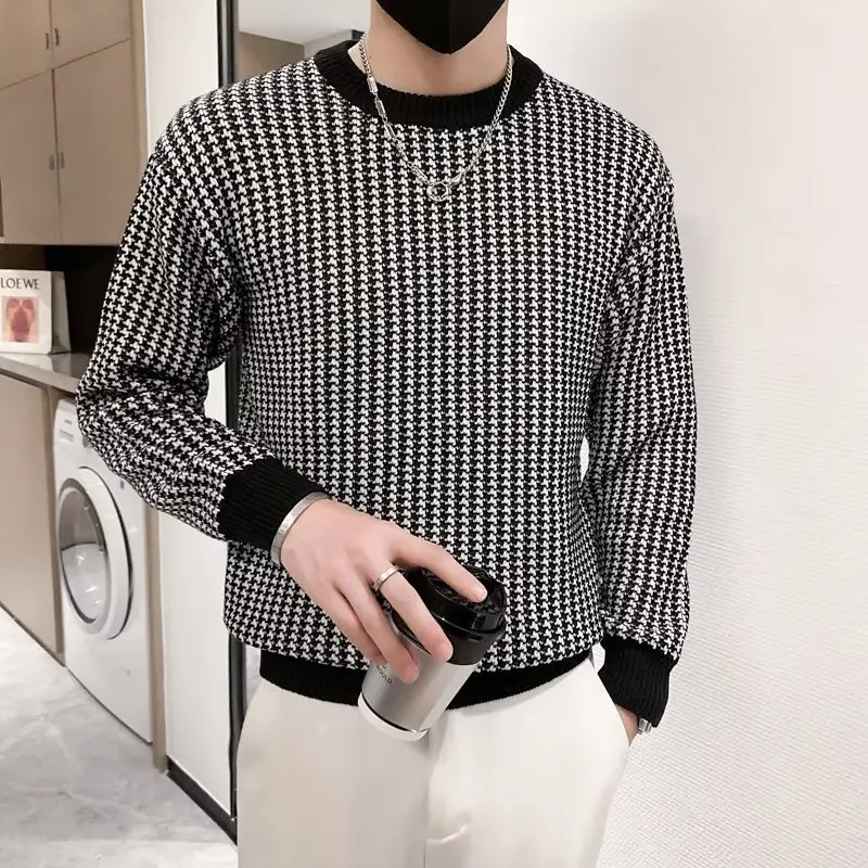 Mens Spring Autumn Casual Sweaters Stripe Pattern Trendy Slim Sweaters Cotton Long Sleeve Round Collar Male Warm Pullovers