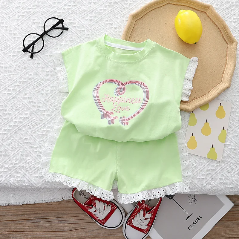 

Летний топ с кружевными рукавами для маленьких девочек + шорты, комплект из 2 предметов, Детские хлопковые комплекты в стиле преппи, детская одежда высокого качества