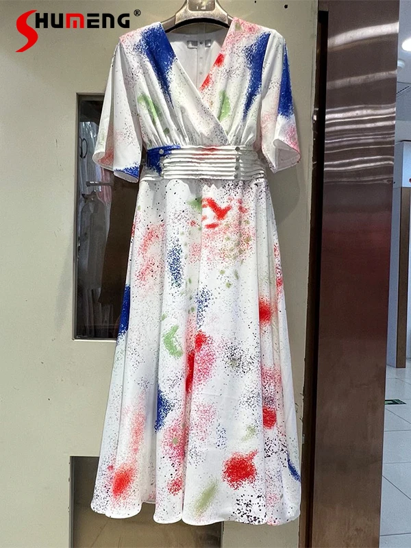 

2022 Summer New French Fashion Elegant Spray Dyed V-neck Short Sleeve Mid-Length Dress Women's Office Lady Simple Pullover Dress
