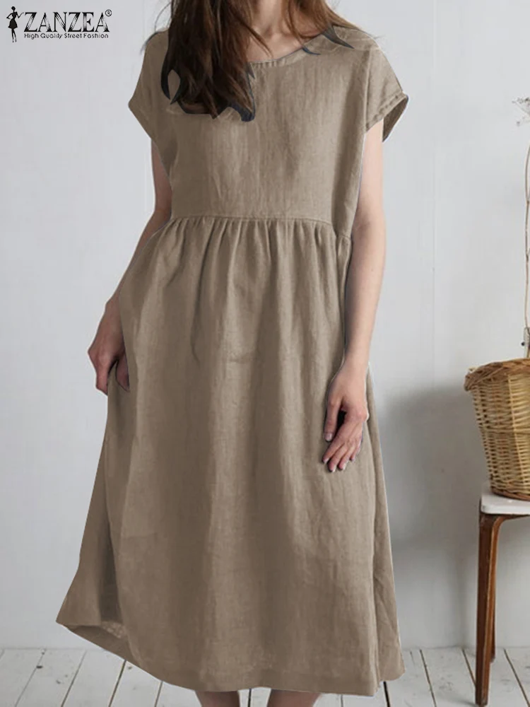 

Женский летний сарафан ZANZEA, винтажное плиссированное платье, Повседневное платье средней длины с коротким рукавом, женское однотонное Хлоп...