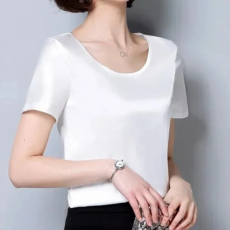 Женская Атласная Блузка С Круглым Вырезом Элегантный Офисный Топ Короткими