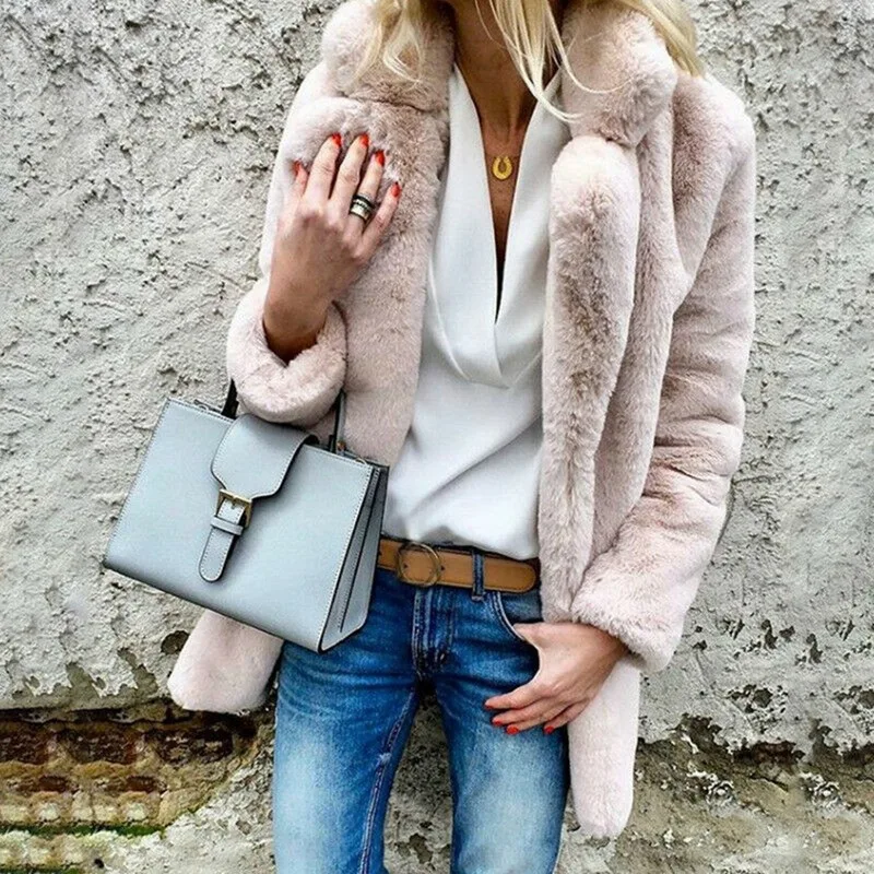 Women Faux Fur Coat Autumn Winter Fluffy Warm Plush Teddy Jackets Fashion Long Sleeve Lapel Fur Coats Overcoat Ladies Outerwear