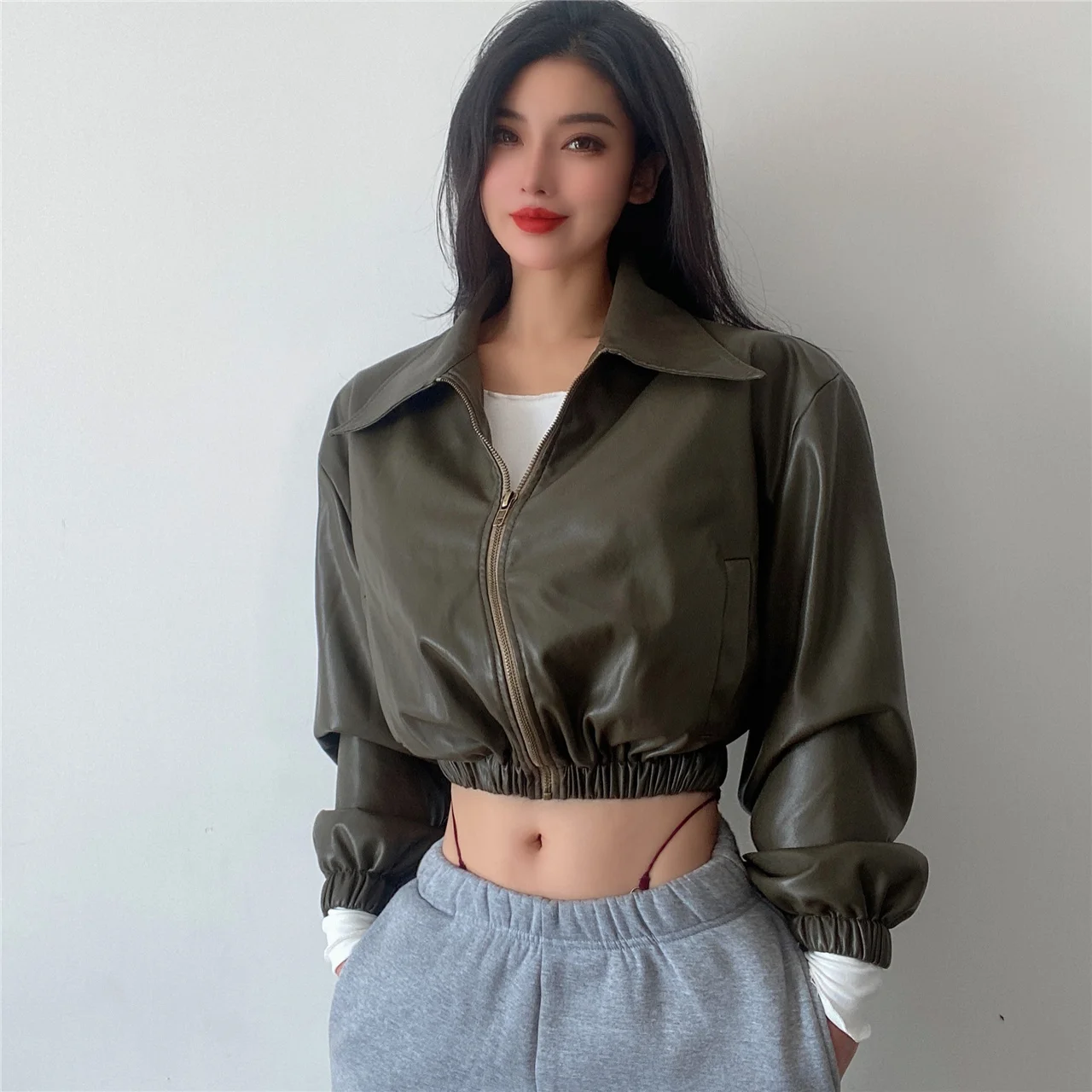 

Winter Kawaii 2021 New Pu Faux Leather Super Soft Lapel Zipper Solid Color Jacket Fashion Motorcycle Coat Slim ArmyGreen VN8M