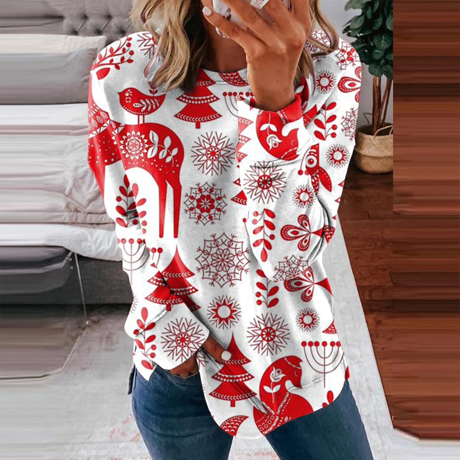

Womens Winter Fashion Tops Casual Hoodless Sweatshirt Christmas Print Pullover Cotton French Tops