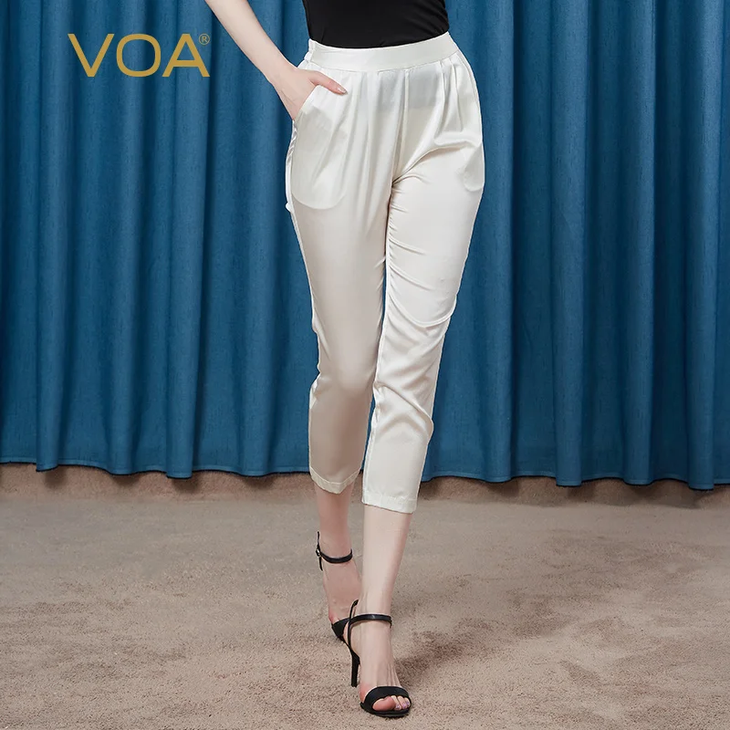 

(Clearance Sale) VOA Satin Silk Slight Strech Twill White Elastic Waist Diagonal Pocket Simple Casual Woman Pants Summer KE031