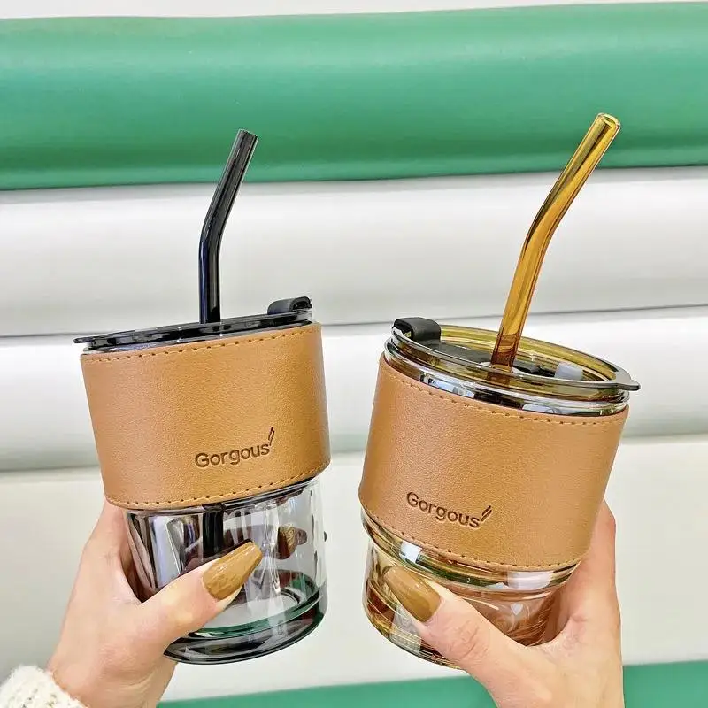 

420ml/450ml Coffee Glasses Heat Resistant Leather Cover Glass Mug Water Cup Tea Wine Drinkware Glasses Tumbler With Lids Straw