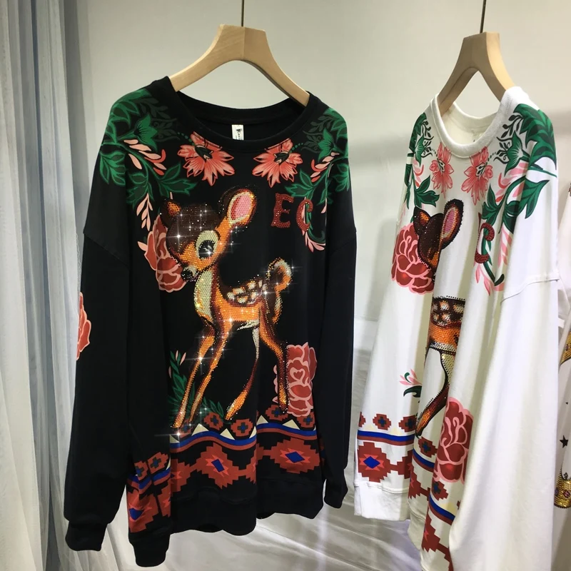 Luxury Sika Deer Hot Drilling Printed Women Sweatshirt O-neck Pure Cotton Top Long-sleeved Loose Autumn Streetwear Hoodie Tops