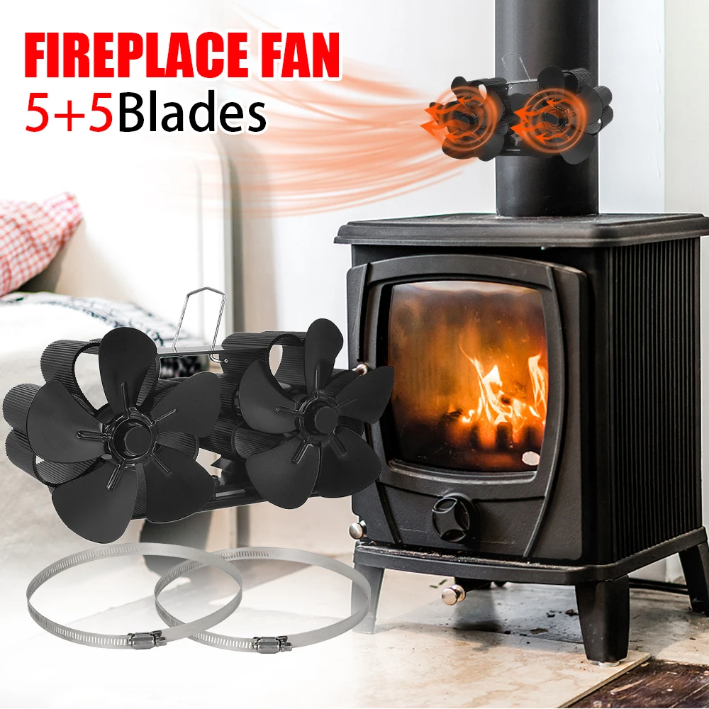 

10 Blade Double-head Black Fireplace Powered Stove Fan Log Wood Burner Eco Friendly Quiet Home Fireplace Fan Heat Distribution