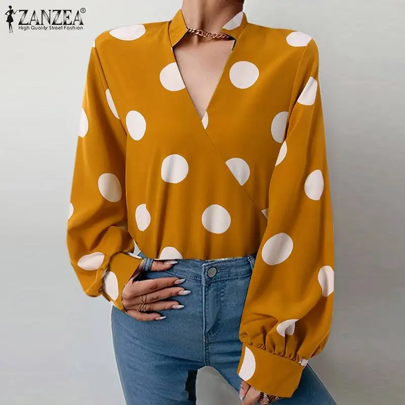

Spring Autumn Lantern Sleeve Shirt Women Elegant V Neck Blouse ZANZEA Polka Dot Printed Blusas Holiday Casual OL Tops Oversized