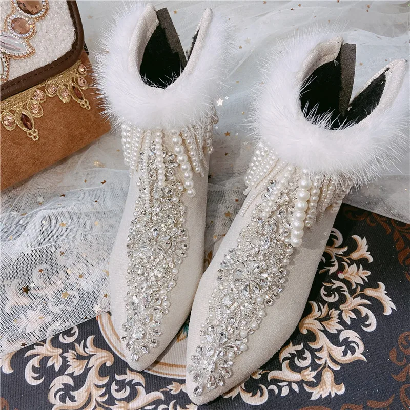 

Womens Pointy Toe Rhinestones Crystal Ankle Boots Fur White Chunky High Heel Shoes Pearls Tassels DIY New 20222022