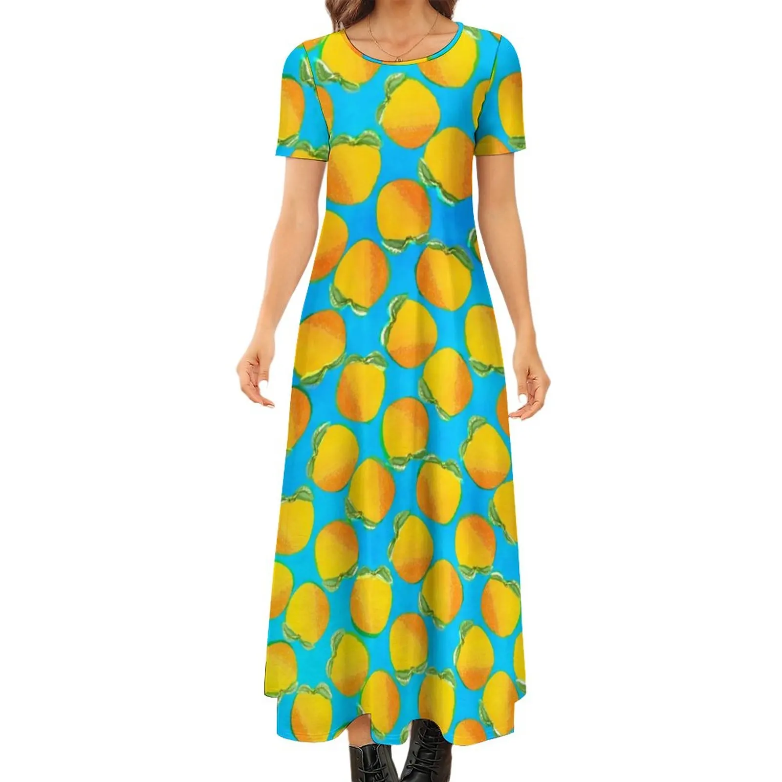 

Watercolor Oranges Dress Bright Fruit Print Aesthetic Boho Beach Long Dresses Female Modern Maxi Dress Gift