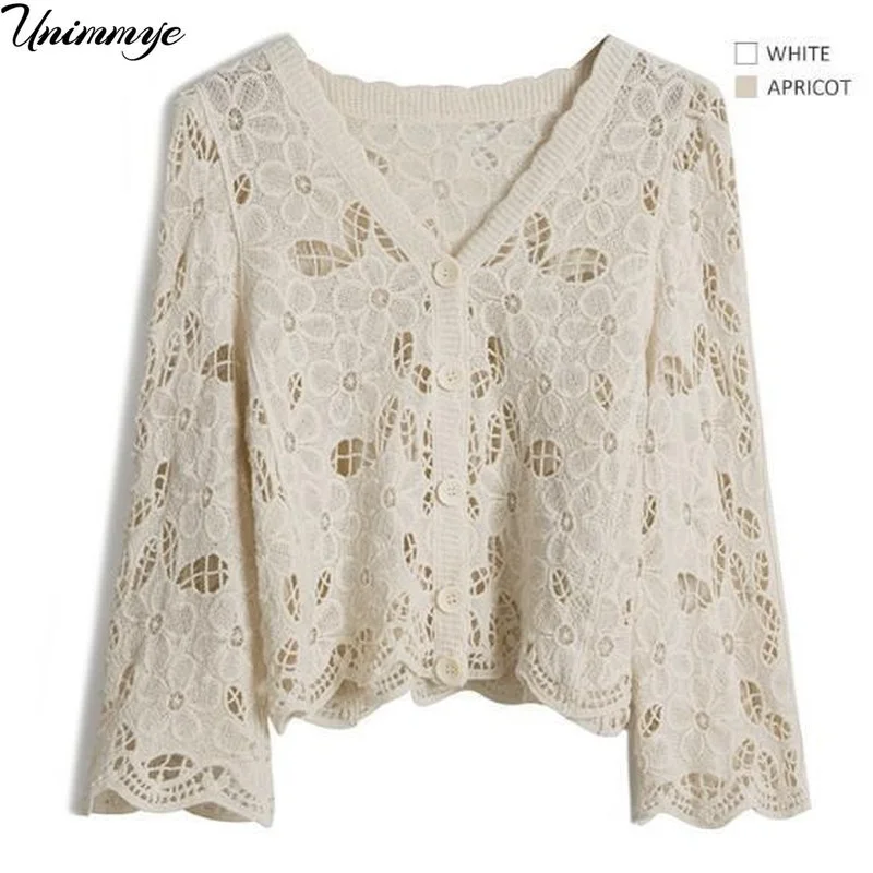 

New Summer Casual Loose Hollow Out Knitted Cardigans Women Elegant Long Sleeve Open Stitch Coat Sun Protection Clothing J566