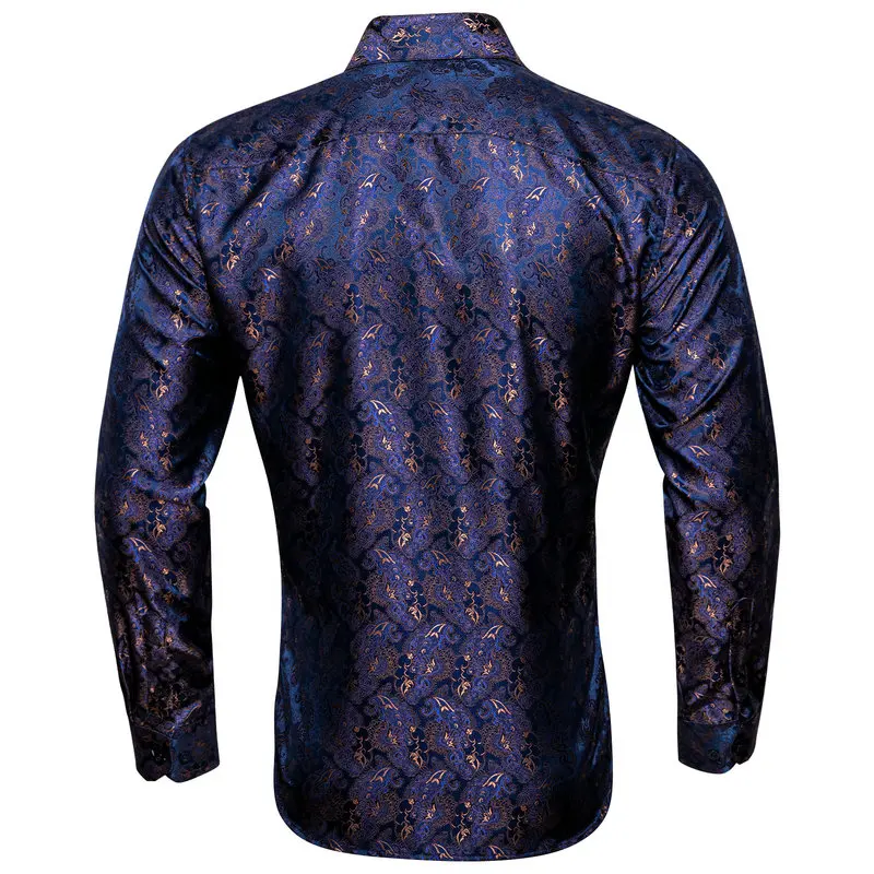 Novelty Dark Blue Men Silk Shirt Paisley Long Sleeve Lapel Shirt Fashion Casual Fit Set Party Wedding Business Male Barry.Wang