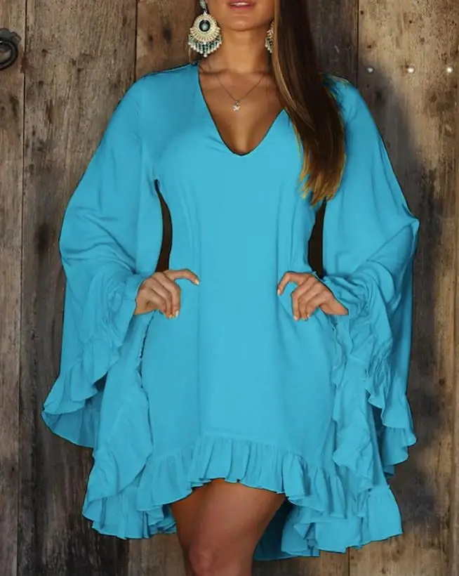 

Women Dress 2023 Spring Summer Beach Vacation Fashion Sweet Solid Color Ruffle Hem Bell Sleeve V Neck Casual Long Sleeve Dress
