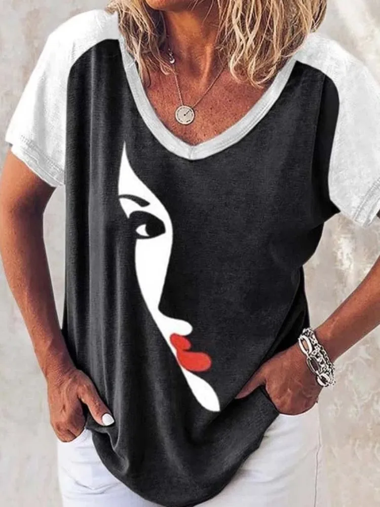 

Summer Women's T Shirt Short Sleeve Tops 3d Solid Color Printing Ladies V-Neck Clothes Oversized Women's Fashion Y2k Streetwear