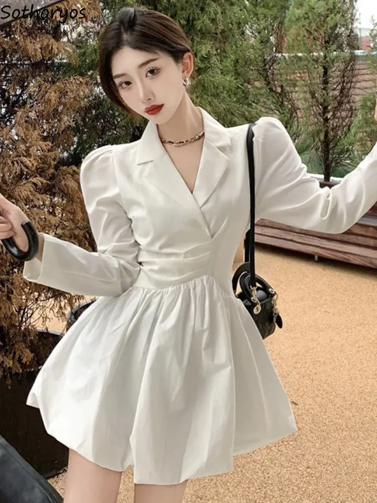 

Mini Dresses Women Slim Sexy Simple Pure Design Empire Sweet Puff Sleeve Casual Spring New Folds Ulzzang Notched Vestidos Ladies